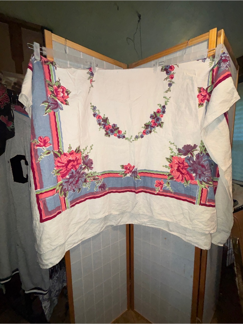 Vintage Floral Embroidered White Cotton/ Linen table cloth